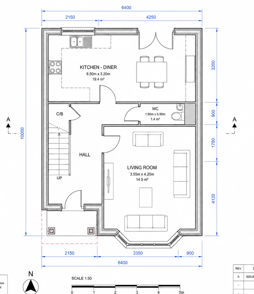 Ground floor plan QS-AR-100 - a proposed dwelling, drawn at 1:50