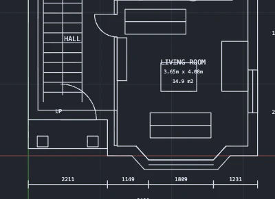 A close-up in GO_CAD of the hall, staircase and WC showing door swings and sanitaryware