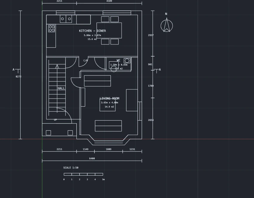 The plan in GO_CAD model space with fittings, furniture, stairs, door swings and dimension strings on all four sides