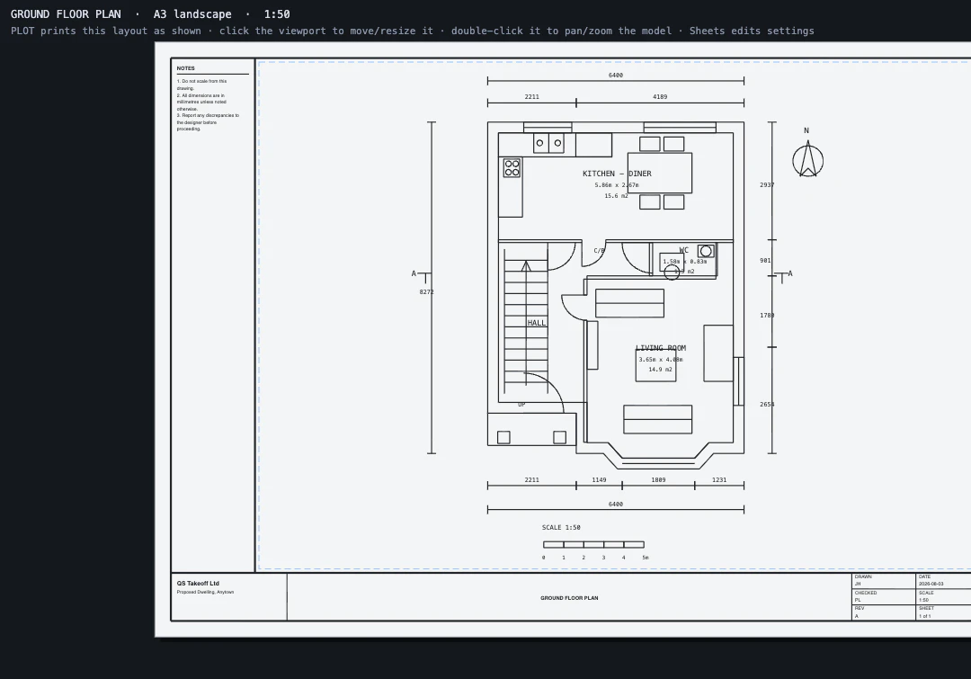 A detailed ground floor plan on an A3 landscape sheet at 1:50 in GO_CAD - kitchen fittings, stairs, door swings, dimension strings, notes panel and title block